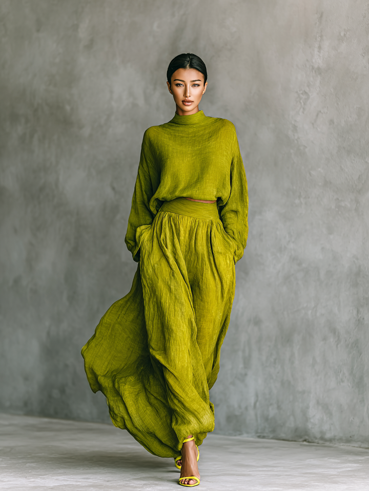 Ensemble femme vert en mélange de coton et lin