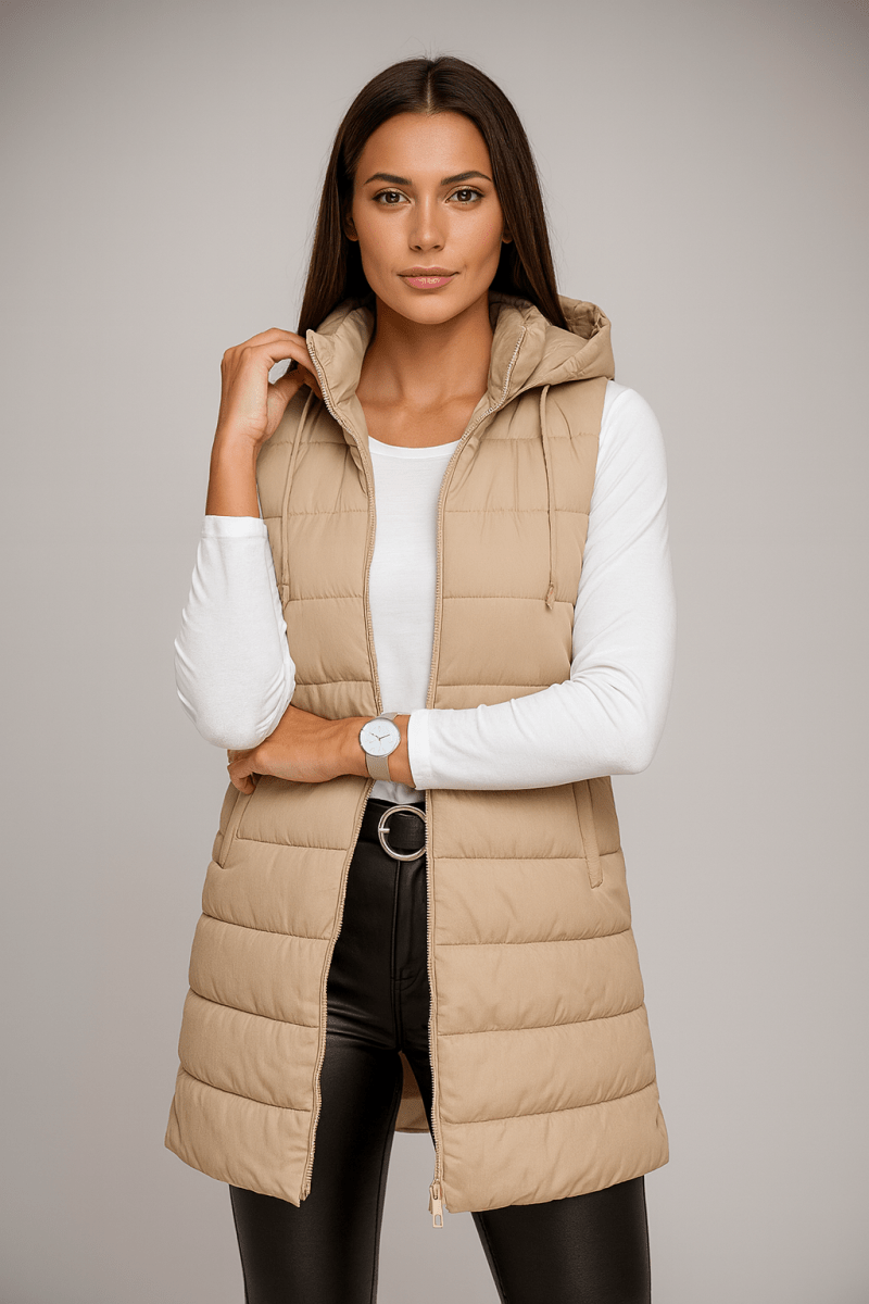 ELENA | VESTE LONGUE PUFFER SANS MANCHES AVEC CAPUCHE