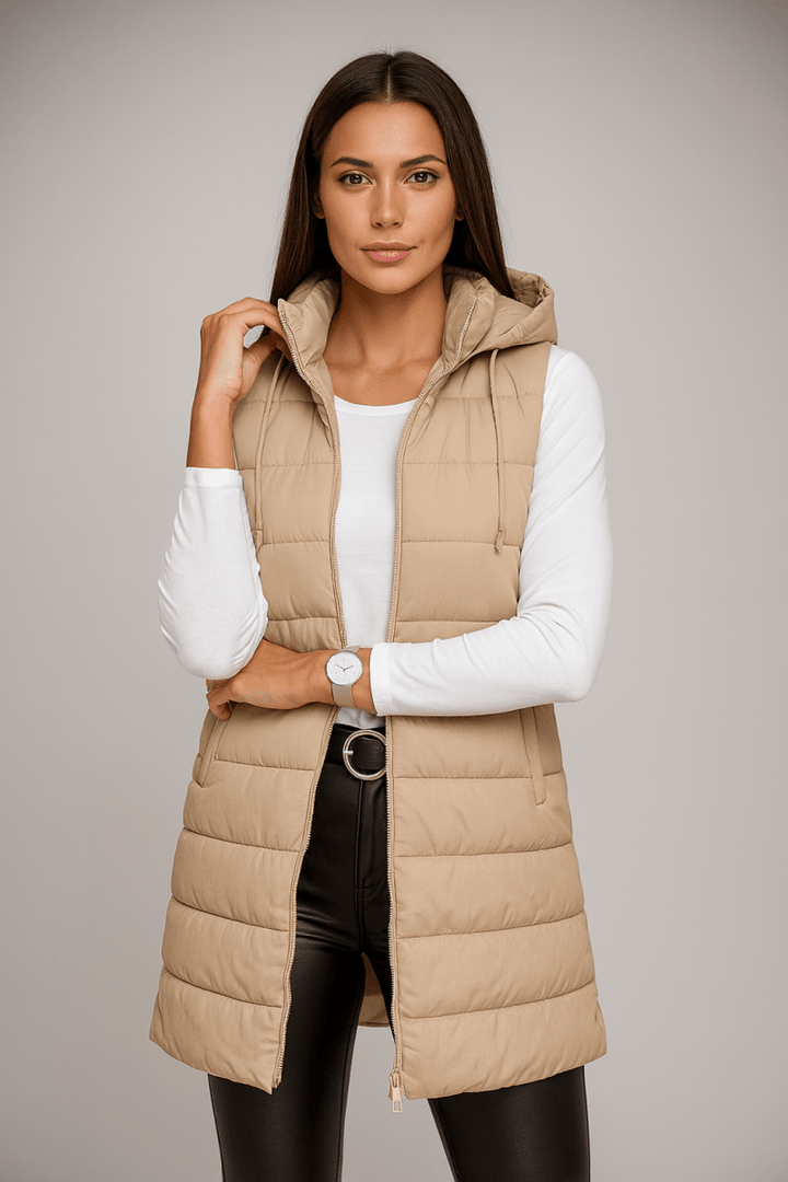 ELENA | VESTE LONGUE PUFFER SANS MANCHES AVEC CAPUCHE