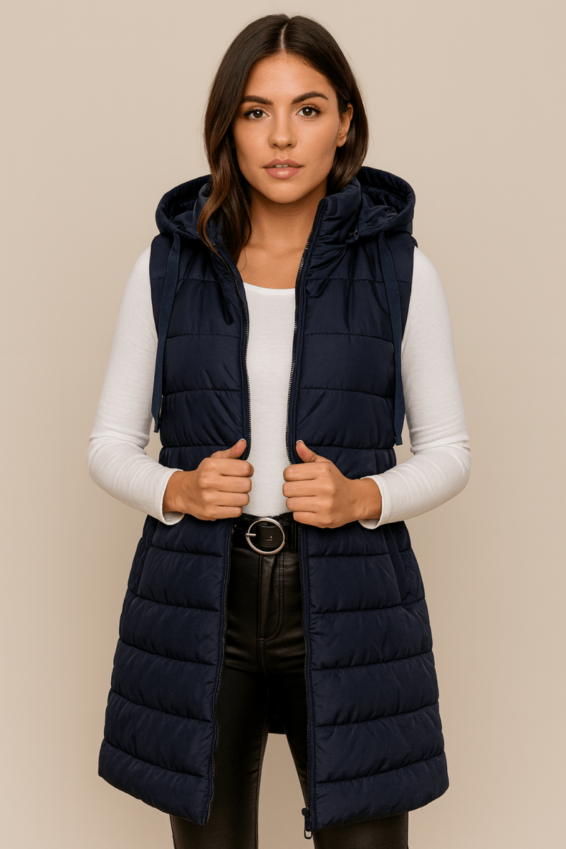 ELENA | VESTE LONGUE PUFFER SANS MANCHES AVEC CAPUCHE