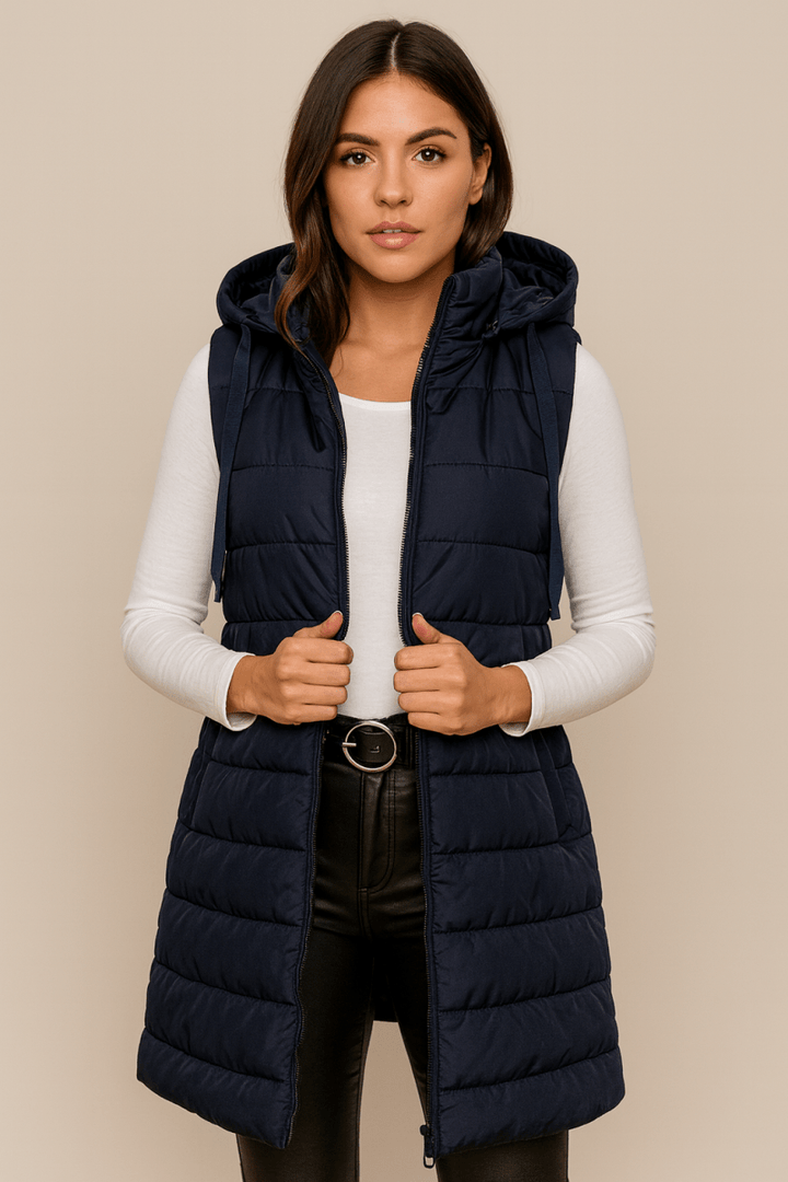 ELENA | VESTE LONGUE PUFFER SANS MANCHES AVEC CAPUCHE