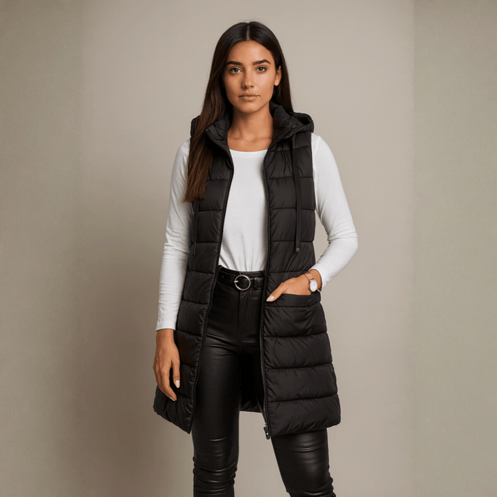 ELENA | VESTE LONGUE PUFFER SANS MANCHES AVEC CAPUCHE