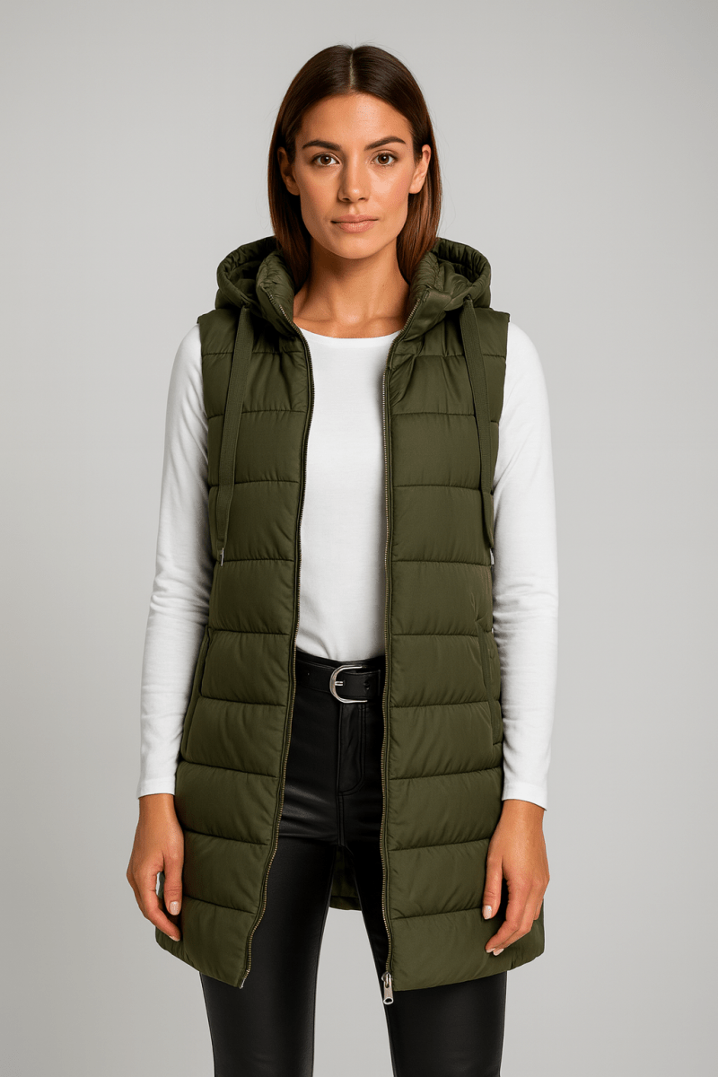 ELENA | VESTE LONGUE PUFFER SANS MANCHES AVEC CAPUCHE