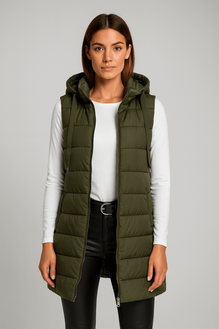 ELENA | VESTE LONGUE PUFFER SANS MANCHES AVEC CAPUCHE