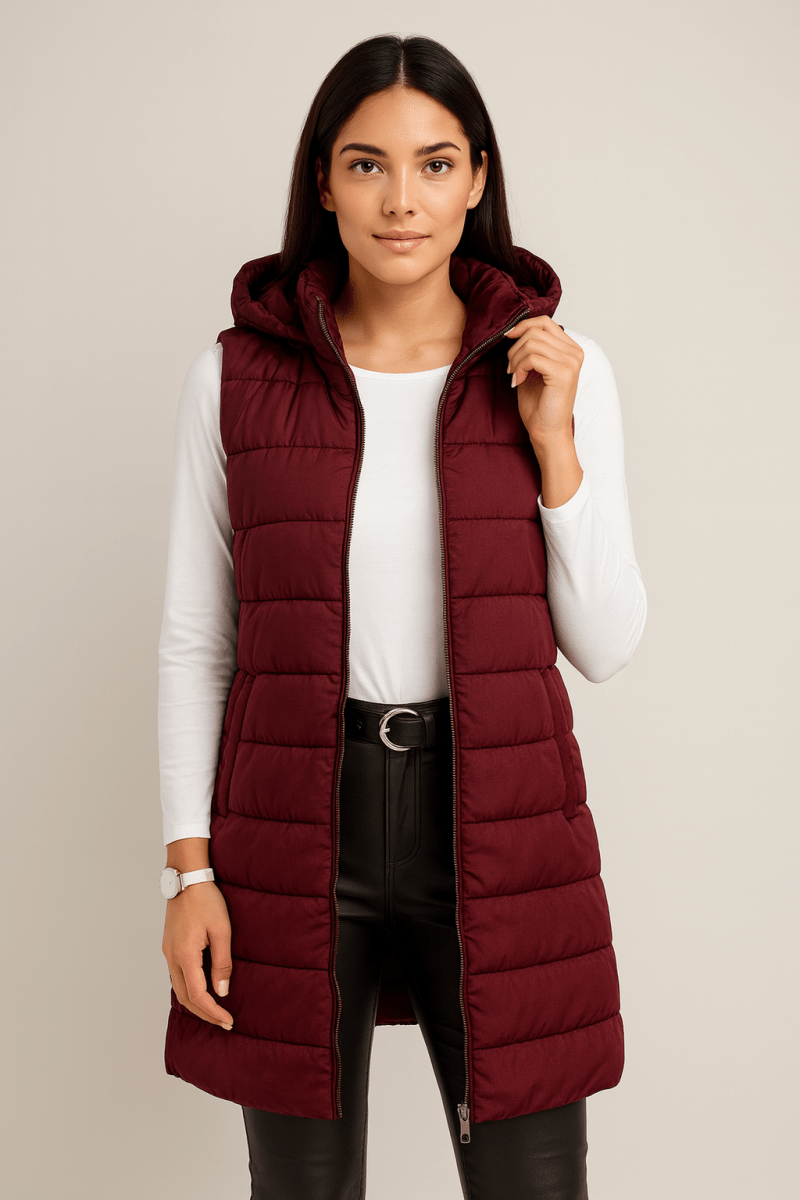 ELENA | VESTE LONGUE PUFFER SANS MANCHES AVEC CAPUCHE