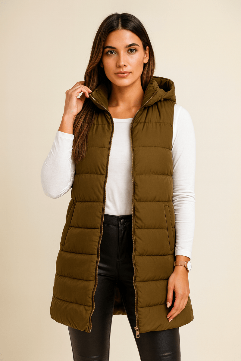 ELENA | VESTE LONGUE PUFFER SANS MANCHES AVEC CAPUCHE